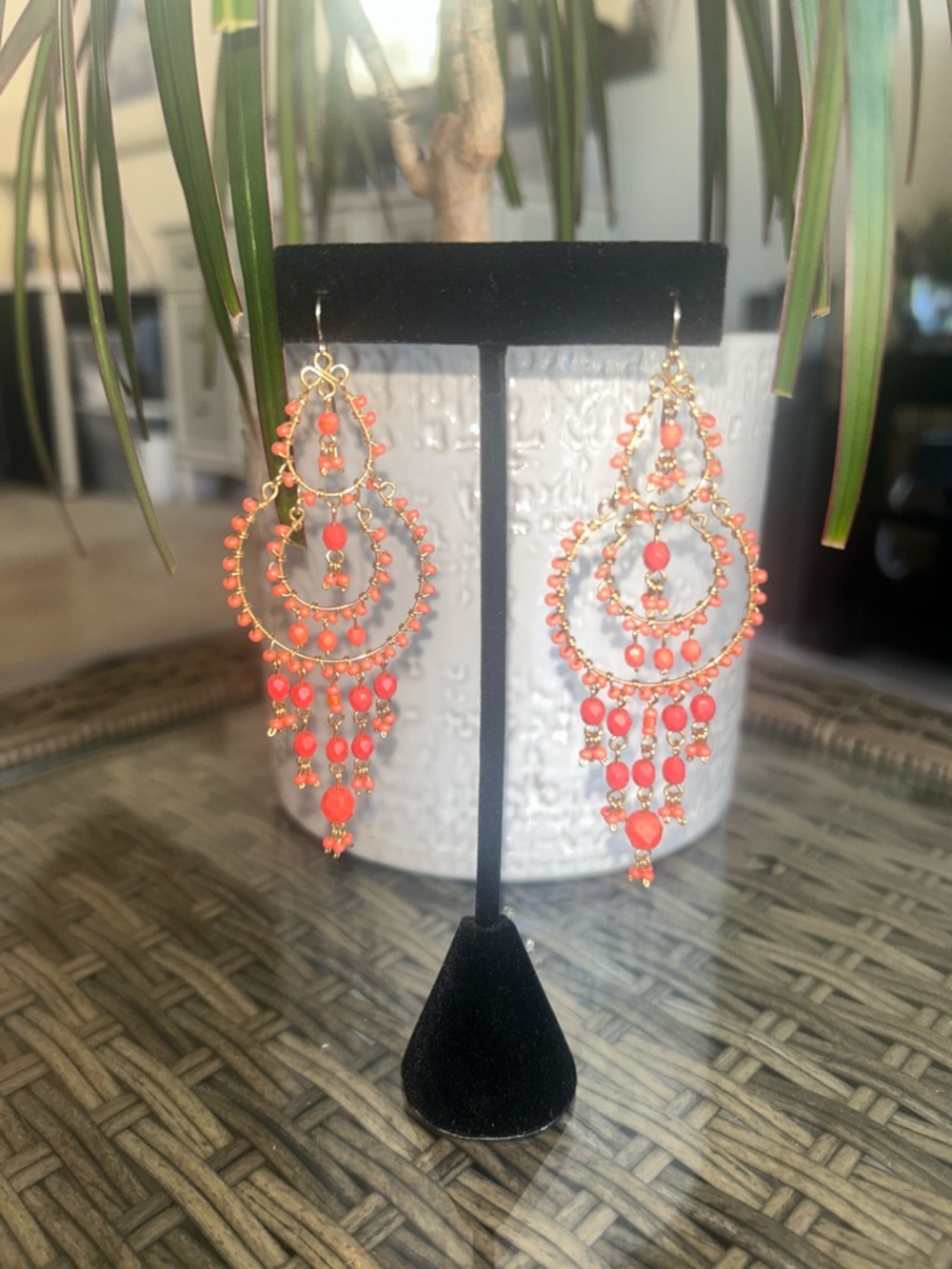 Gold-Tone Coral Beaded Chandelier Earrings